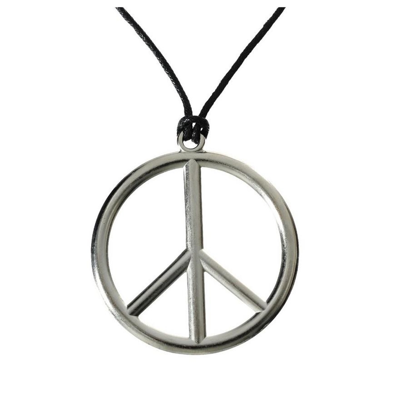 60's Necklace Silver Metal Peace Symbol Costume Medallion Hippie Accessory 