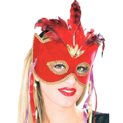 Red Venetian Velvet Half Mask with Feather