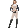Womens Colonial Americana Adult Costume Includes Blue coat, White ascot, Tan jumpsuit, Black boots, Black pouch