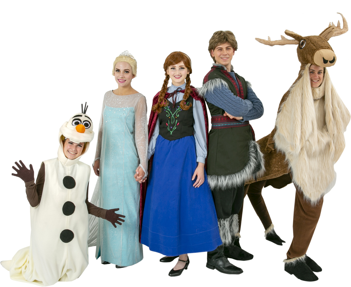 Frozen Olaf Snowman, Elsa Ice Dress, Anna Travelling Outfit, Kristoff, and four legged Sven Rental Costumes