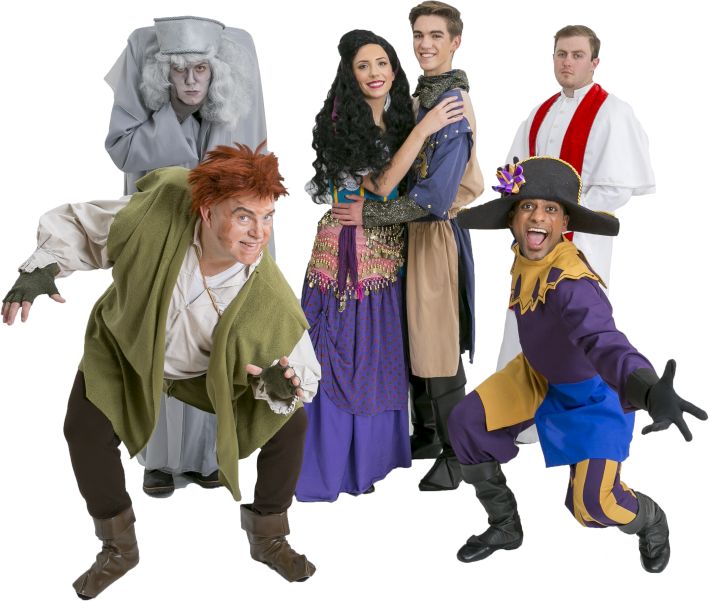 Rental Costumes for Hunchback of Notre Dame - Back Row (Left to right) Gargoyle, Esmeralda, Captain Phoebus de Martin, Father Dupin. Front Row (Left to right) Quasimodo, Clopin Trouillefou