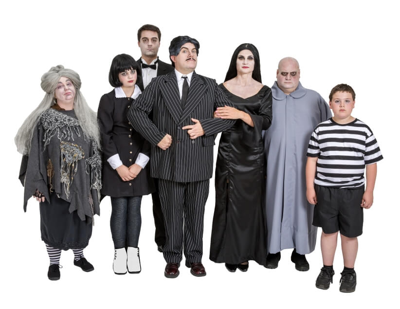 Rental Costumes for The Addams Family - Grandmama Addams, Wednesday Addams, Lurch, Gomez Addams, Morticia Addams, Uncle Fester, Pugsley Addams