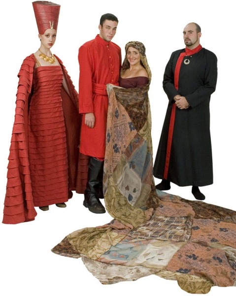 Rental Costumes for Aida - Amneris in her museum dress, Radames dressed as an Egyptian soldier, Aida in her mantle of authority, Chief Minister Zoser