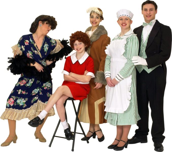 Rental Costumes for Annie - Mrs. Hannigan, Annie in her iconic red dress, Grace Farrell, Oliver 'Daddy” Warbucks, Warbucks' household staff, the butler Drake