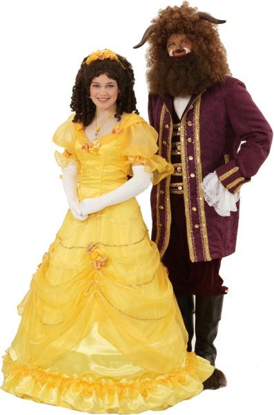 Rental Costumes for Beauty and the Beast - Belle in her Iconic Yellow Ballgown and The Beast Pictured with Rental Wig