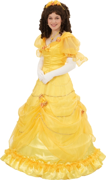 Rental Costumes for Beauty and the Beast - Belle in her iconic yellow ballgown all costumes come fully accessorized from The Costumer and will include the long gloves and yellow headpiece and Belle's signature brown rental wig with ringlet curls