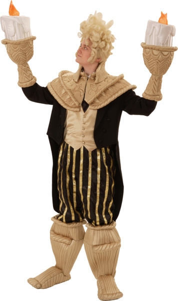 Rental Costumes for Beauty and the Beast - Lumière as Candelabra in Formal Black and Gold Suit with Flame Handpieces, Candelabra Base Foot Covers, Collar, and Colonial Period Wig