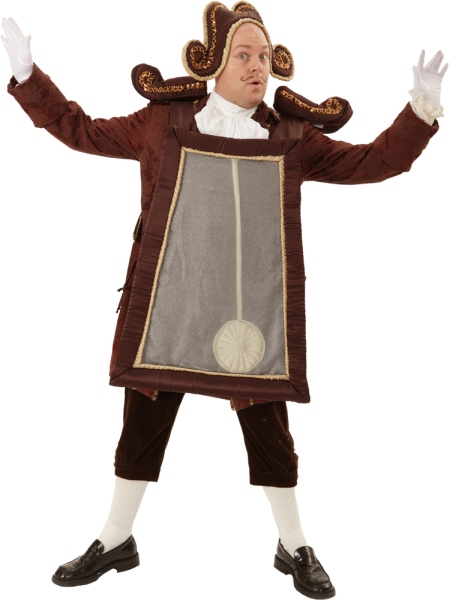 Rental Costumes for Beauty and the Beast - Cogsworth Enchanted as a  Clock Front View the Tabard Features a Pendulum That Moves with the Actor and Costume Is Pictured with Optional Decorative Clock Headpiece