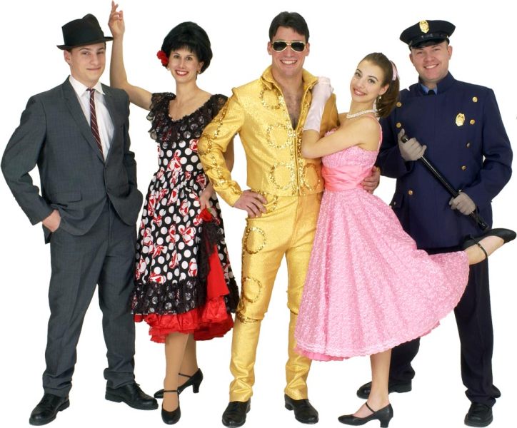 Rental Costumes for Bye Bye Birdie - Albert Peterson, Rosie Alvarez in her “Spanish Rose” dress, Conrad Birdie in his gold metallic motorcycle outfit, Kim Macafee, New York City Police Officer