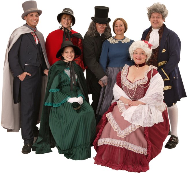 Rental Costumes for A Christmas Carol - Scrooge's Nephew Fred, Female Carolers, Ebenezer Scrooge, Mrs. Cratchit, Fezziwig, Mrs. Fezziwig