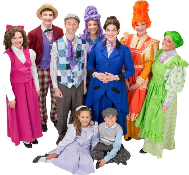 Rental Costumes for Mary Poppins – Conversation Shop Chorus Female, Conversation Shop Chorus Man, Burt, Mary Poppins, Annie (Purple), Mrs. Corry (Orange),  Fannie (Green), The Banks’ Children Jane and Michael