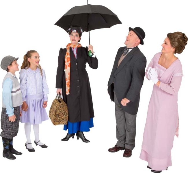 Rental Costumes for Mary Poppins – Banks’ Children Michael and Jane, Mary Poppins with Umbrella, Mr. George Banks, Mrs. Winifred Banks