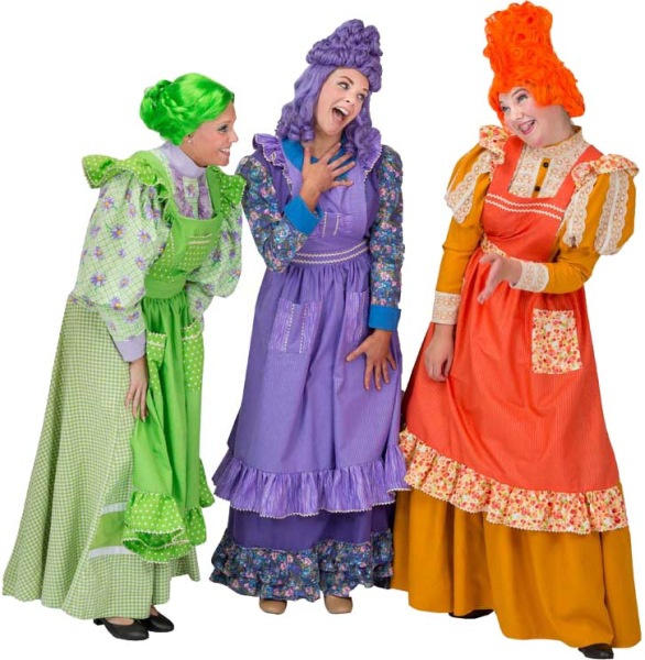 Rental Costumes for Mary Poppins – Fannie (Green), Annie (Purple), Mrs. Corry (Orange)