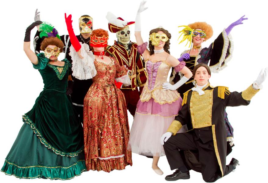 Rental Costumes for Phantom of the Opera , Andrew Lloyd Webber version - Female Masquerader, Male Masquerader, Female Masquerader, the Phantom as the Red Death, Christine Daaé in her Masquerade costume, Female Masquerader, Raoul in his Masquerade costume