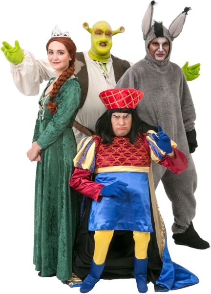 Rental Costumes for Shrek the Musical - Shrek, Princess Fiona, Donkey, and Lord Farquaad