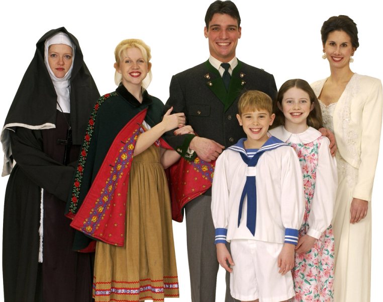 Rental Costumes for The Sound of Music - Left to Right: Mother Abbess Complete Nun Habit with Wimple and Tabard, Von Trapp Children Travel Clothes, Captain von Trapp Iconic Tyrolean Naval Jacket, Von Trapp Children Iconic Sailor Introduction Outfits, Von Trapp Children Play Clothes (to match the curtains which are also available), Von Trapp Children Iconic Sailor Introduction Outfits, Maria von Trapp: Conservative Wedding Dress, matching day coat.