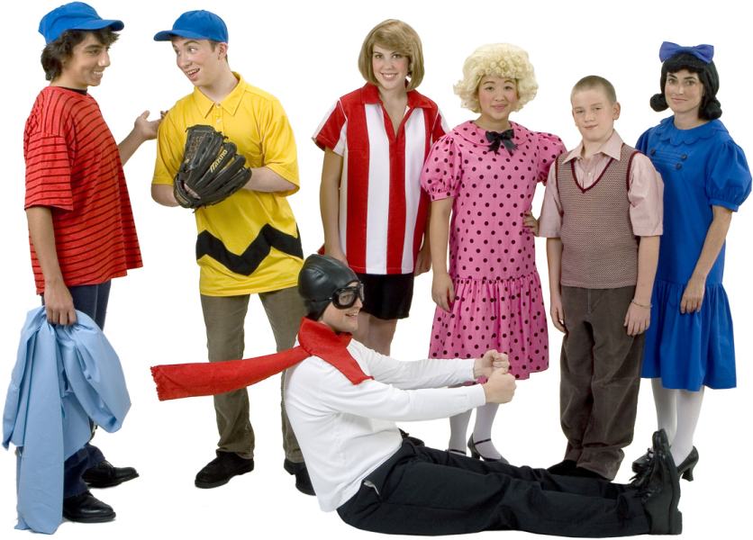 Rental Costumes for You're a Good Man, Charlie Brown - Linus with his blue blanket, Charlie Brown, Peppermint Patty, Sally, Schroeder, Lucy, Snoopy in his flying Ace outfit