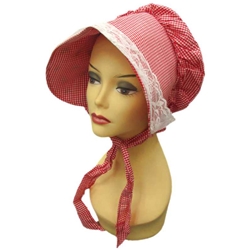Red Gingham Bonnet with Lace Trim