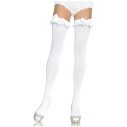 White Opaque Thigh Highs w/ Ruffle & Bow - Adult