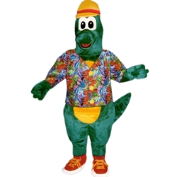 Al Gator Mascot. This Alligator mascot comes complete with head, body, hand mitts, foot covers, hat shirt  and shoes.  This is a sale item. Manufactured from only the finest fabrics. Fully lined and padded where needed to give a sculptured effect. Comfortable to wear and easy to maintain. All mascots are custom made. Due to the fact that all mascots are made to order, all sales are final. Delivery will be 2-4 weeks. Rush ordering is available for an additional fee. Please call us toll free for more information. 1-877-218-1289