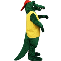 Tuff Gator Mascot. This  Tuff Gator mascot comes complete with head, body, hand mitts, foot covers, shirt and hat. This is a sale item. Manufactured from only the finest fabrics. Fully lined and padded where needed to give a sculptured effect. Comfortable to wear and easy to maintain. All mascots are custom made. Due to the fact that all mascots are made to order, all sales are final. Delivery will be 2-4 weeks. Rush ordering is available for an additional fee. Please call us toll free for more information. 1-877-218-1289