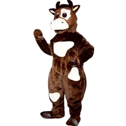 Brown Cow Mascot. This Brown Cow mascot comes complete with head, body, hand mitts, foot covers, hat, shirt  and shoes.  This is a sale item. Manufactured from only the finest fabrics. Fully lined and padded where needed to give a sculptured effect. Comfortable to wear and easy to maintain. All mascots are custom made. Due to the fact that all mascots are made to order, all sales are final. Delivery will be 2-4 weeks. Rush ordering is available for an additional fee. Please call us toll free for more information. 1-877-218-1289