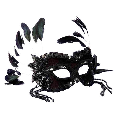 Black Half Mask with Beads and Feathers