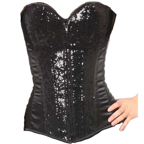 Black Sequin Front Overbust Steel Boned Corset