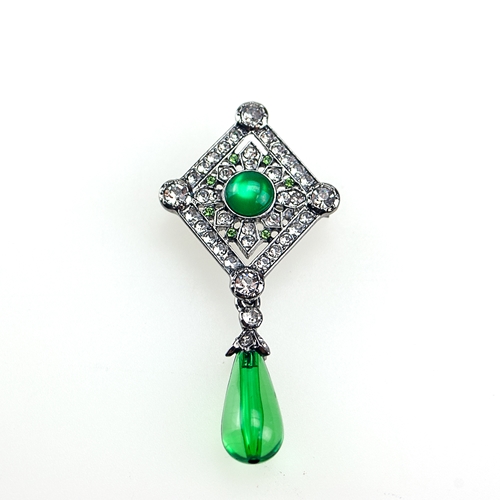 1920's Silver Rhinestone Brooch with Green Gemstones