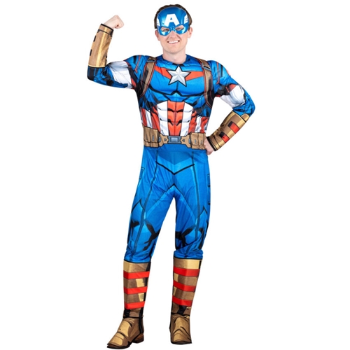 Captain America Adult Costume Includes Jumsuit with attached boot tops and mask