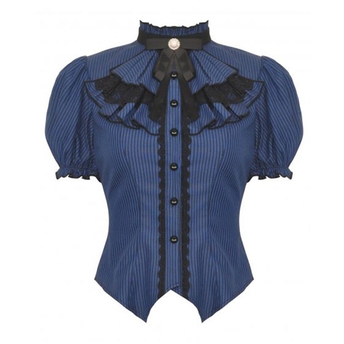 Blue & Black Striped Frilly Collar Blouse Adult
