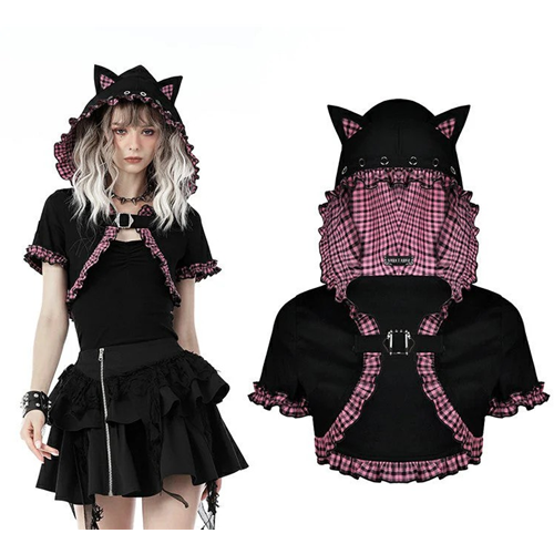 Gothic Pink Plad Cat Ear Hoody Capelet Adult