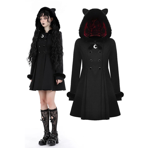 Black Cat Woolen Long Coat Adult