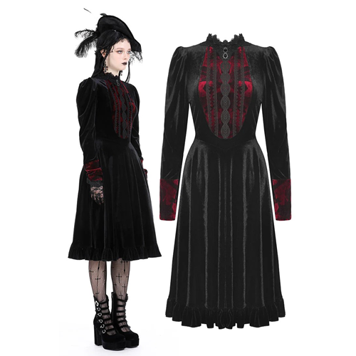 Gothic Vampire Black & Scarlet Velvet Dress Adult