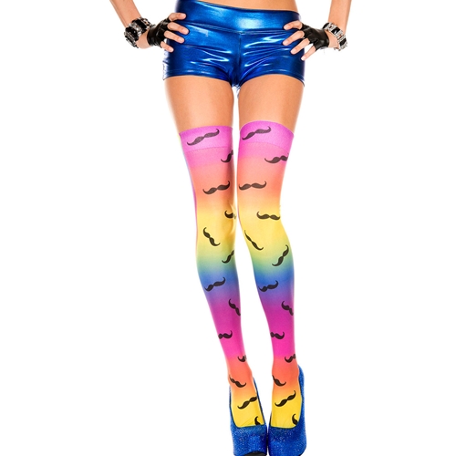 Mustache Print Rainbow Thigh Highs Adult