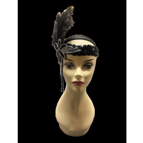 Flapper Headband with Tassels Black/Silver