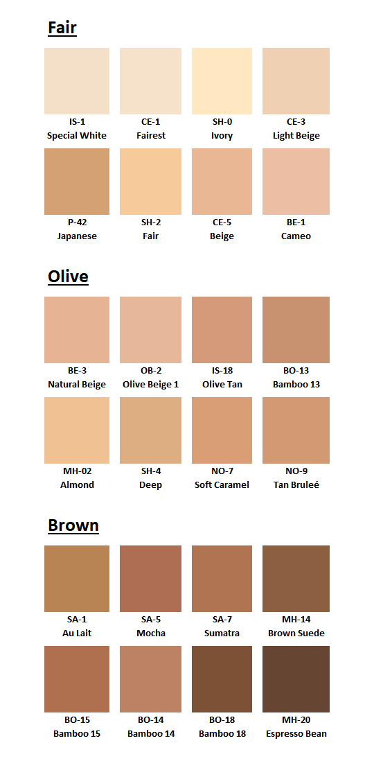 Ben Nye Matte Foundation Color Chart