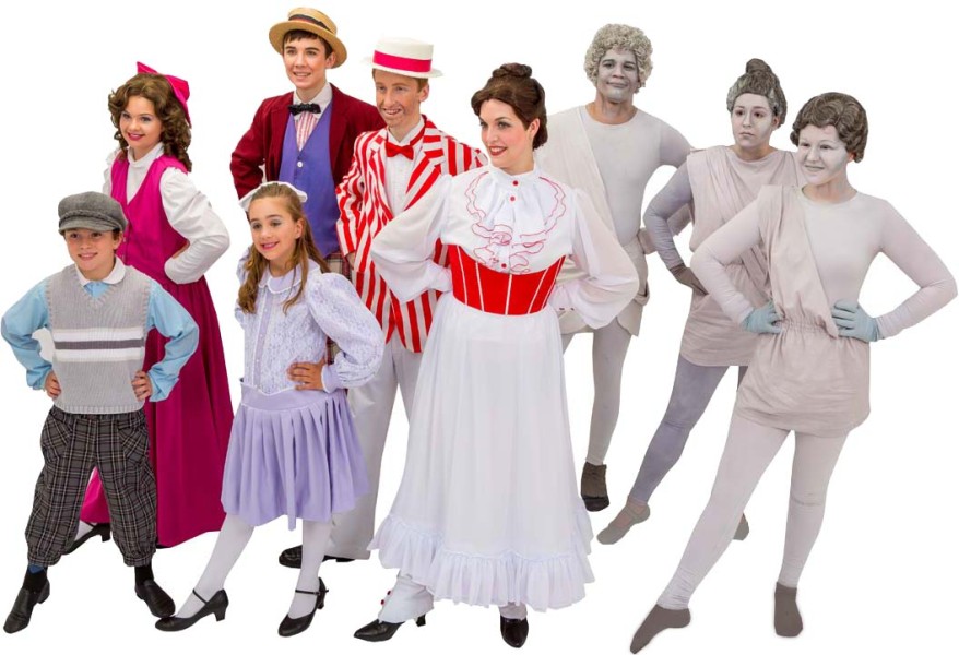 Rental Costumes for Mary Poppins – Michael Banks, Conversation Shop Chorus Female, Jane Banks, Conversation Shop Chorus Male, Burt in Jolly Holiday Outfit, Mary Poppins in Jolly Holiday Outfit, Park Statues