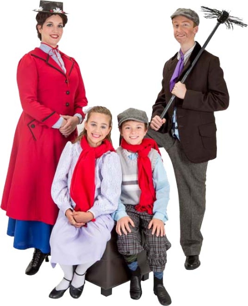 Rental Costumes for Mary Poppins – Mary Poppins, The Banks’ Children Jane and Michael, Burt in chimney sweep outfit.